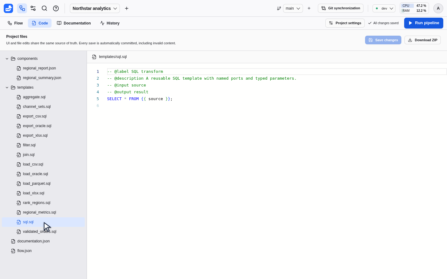 The project file tree and SQL editor